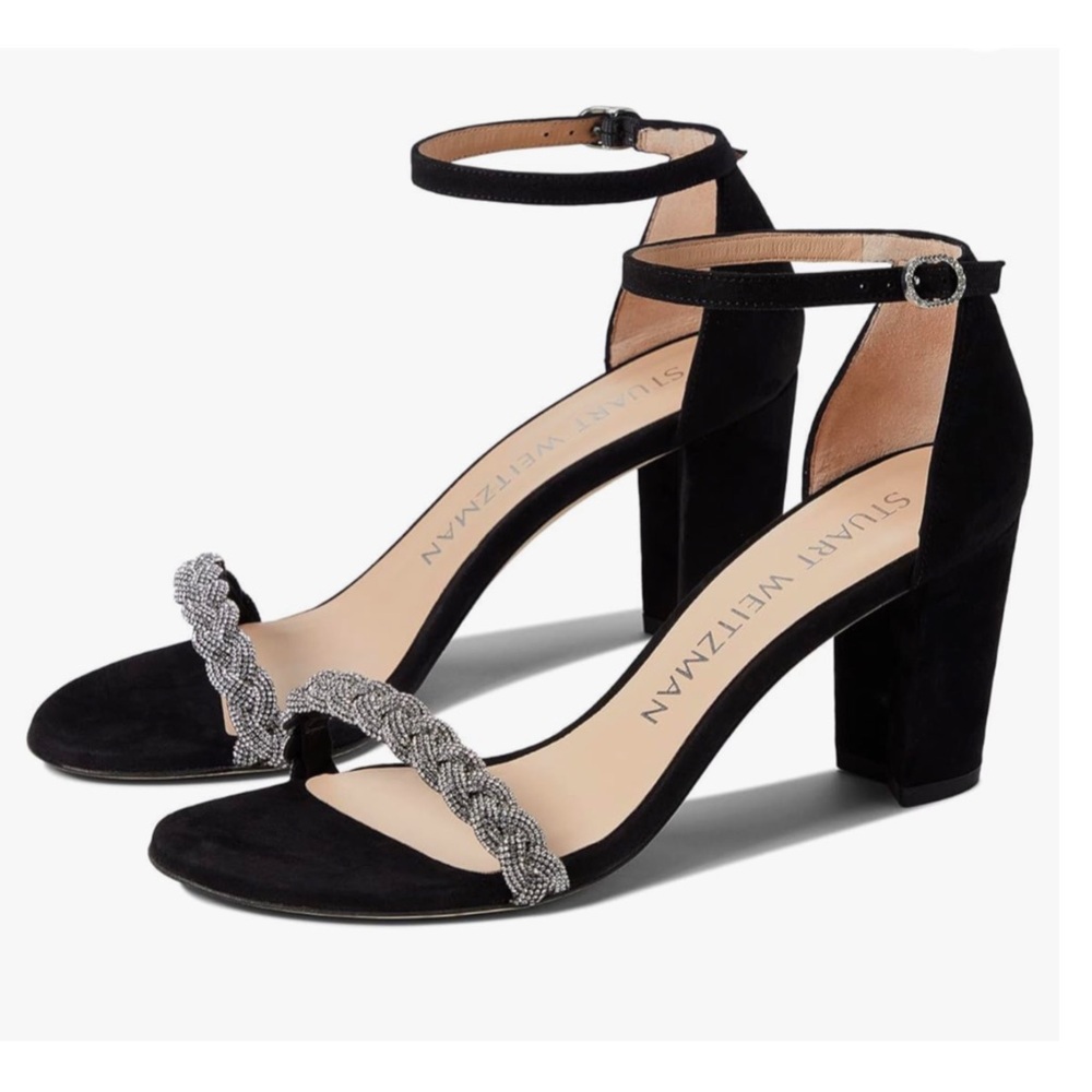 Stuart Weitzman Black Suede Braided Crystal Strap Block Heel Sandals